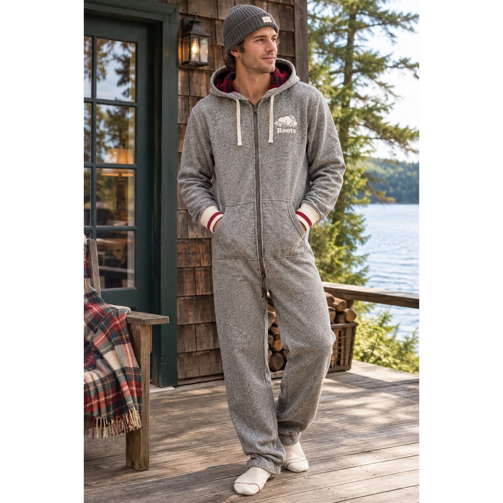 Roots Heritage Cabin Men's Onesie Salt & Pepper Grey Plaid Hoodie - Size Large